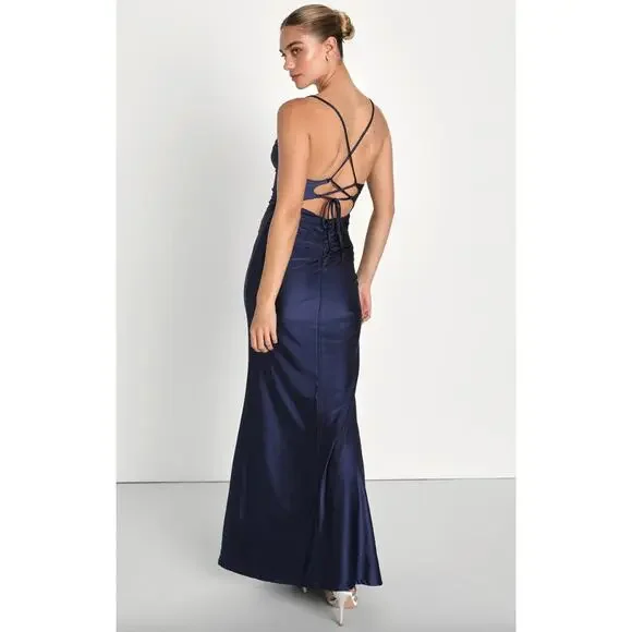 Lulus Iconic Allure Navy Blue Cowl Neck Lace Up Ruched Maxi Dress Stretch XS NWT - Picture 2 of 13